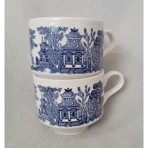 Antique Set 2 Churchill England Flow Blue Willow Mugs Tea Hut House